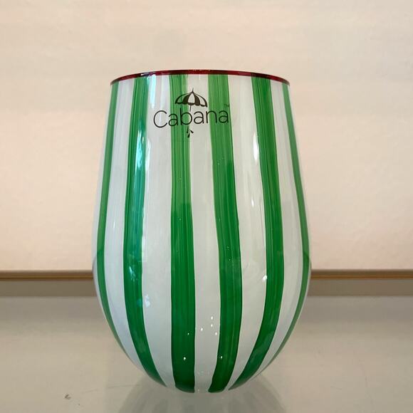 Cabana Green Striped Stemless Wine Glasses 17oz Set of 2 Holiday BarwareNEW - Picture 12 of 12